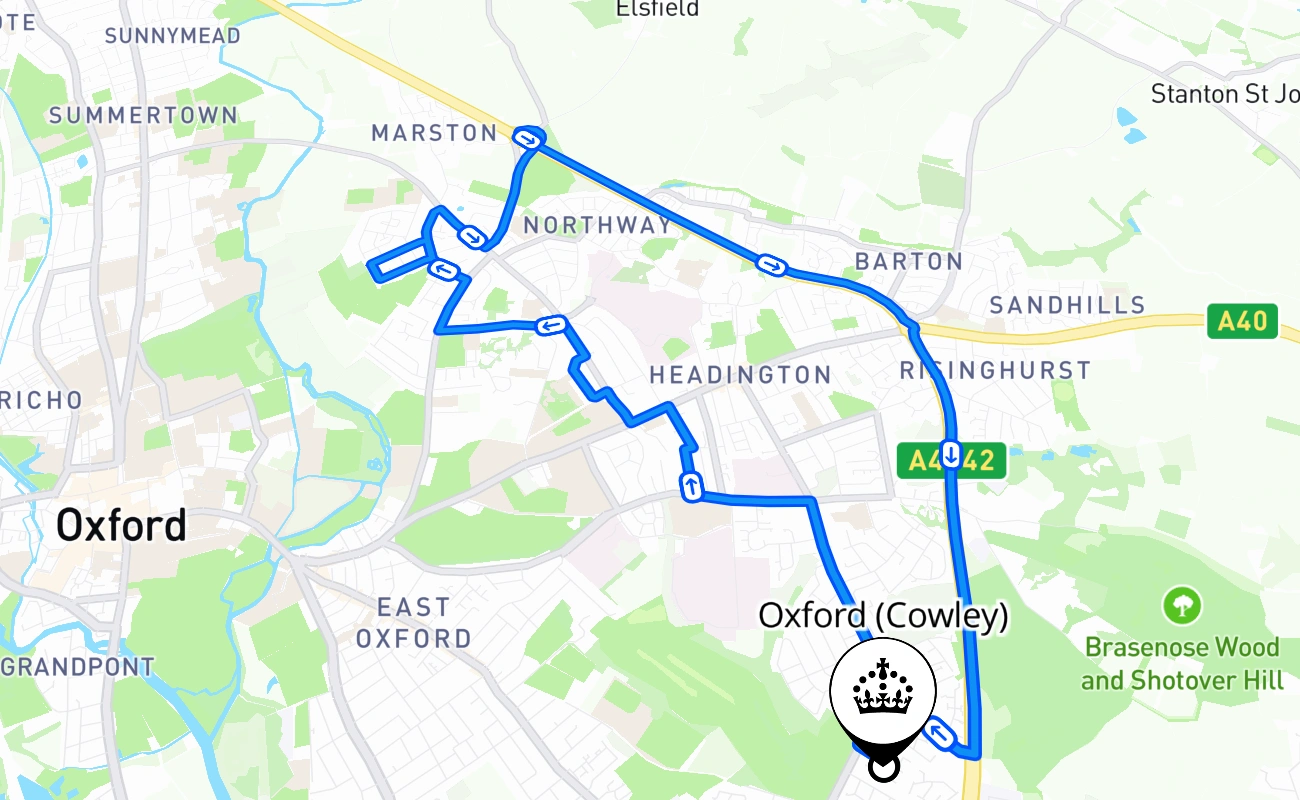 Oxford (Cowley) driving test route #1374 map - ENG United Kingdom