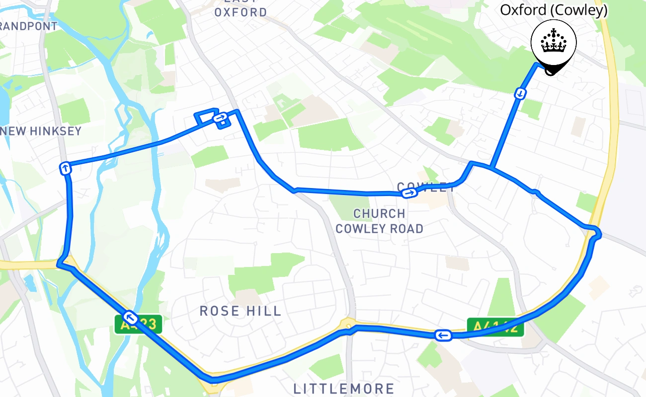 Oxford (Cowley) driving test route #1381 map - ENG United Kingdom
