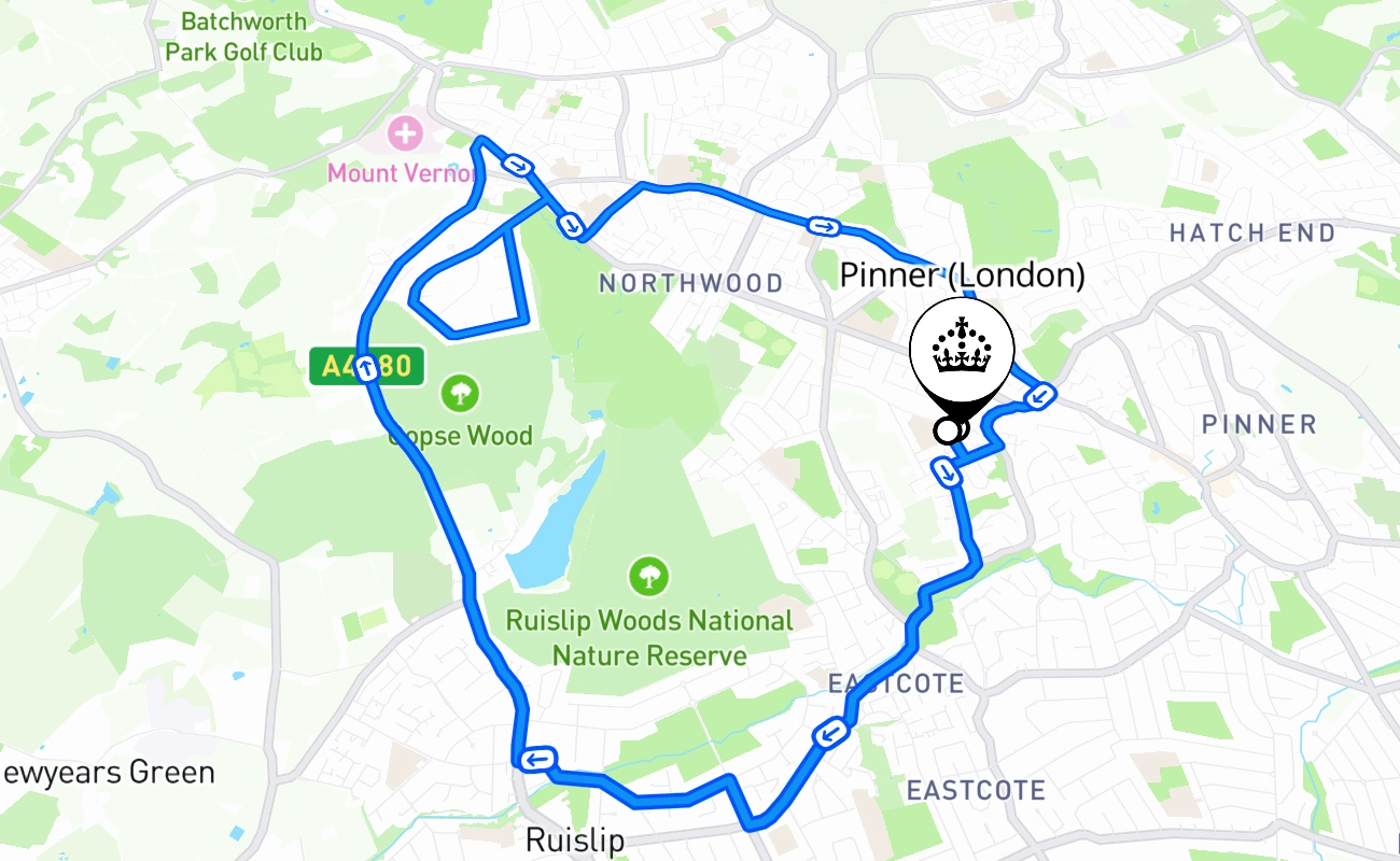 Pinner (London) driving test route #404 map - ENG United Kingdom