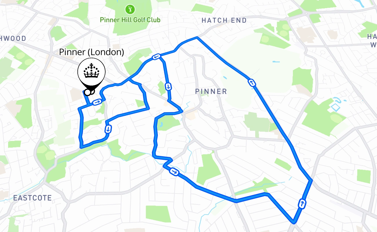 Pinner (London) driving test route #411 map - ENG United Kingdom
