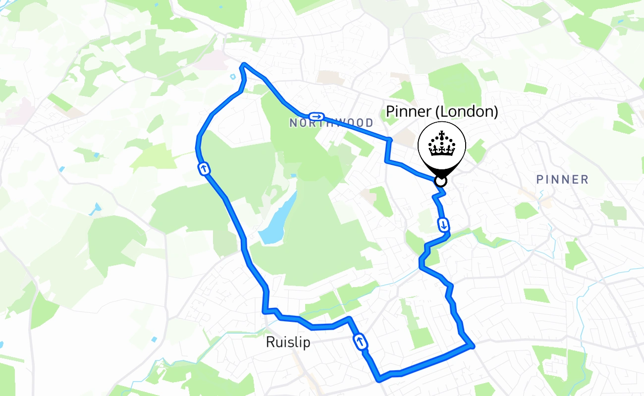 Pinner (London) driving test route #412 map - ENG United Kingdom