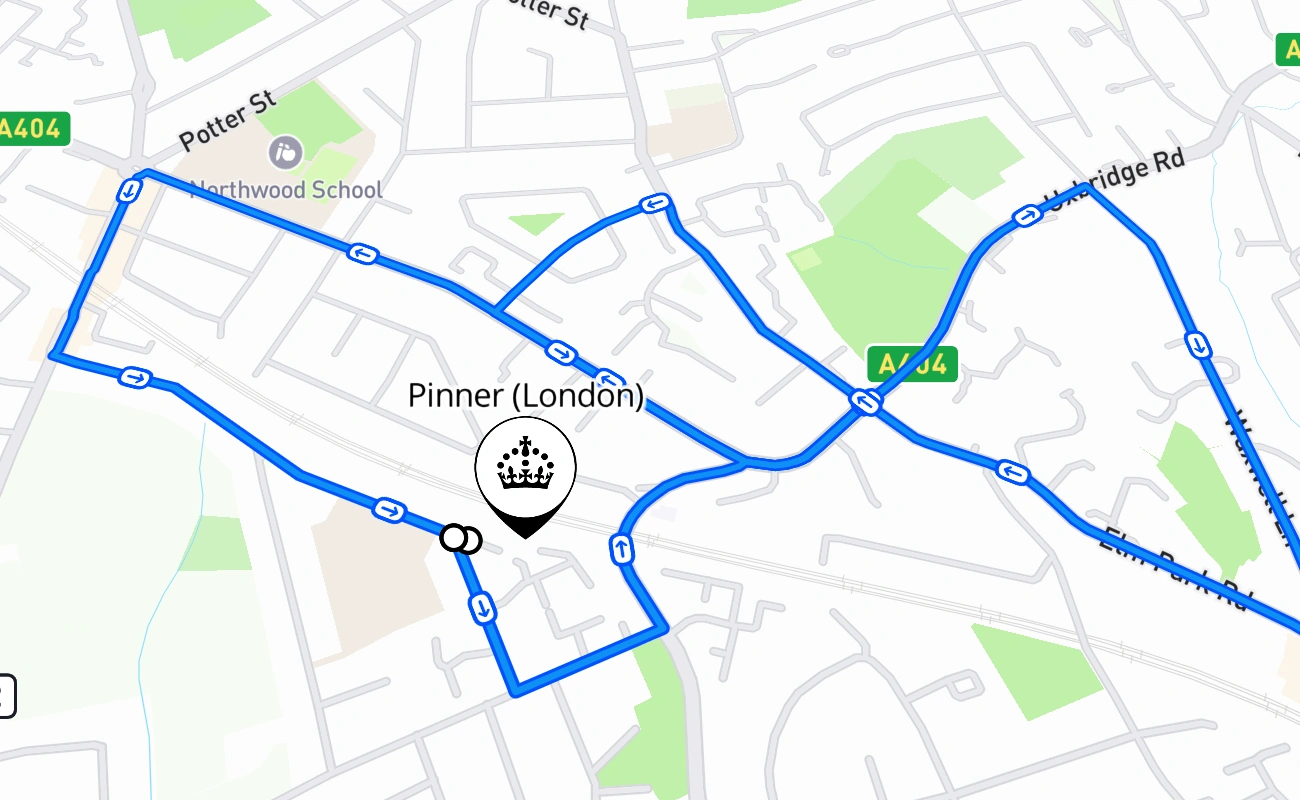 Pinner (London) driving test route #413 map - ENG United Kingdom