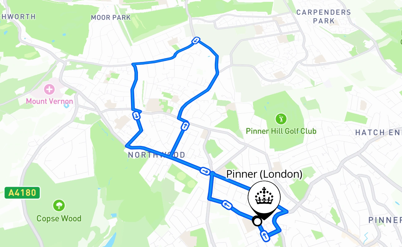 Pinner (London) driving test route #414 map - ENG United Kingdom