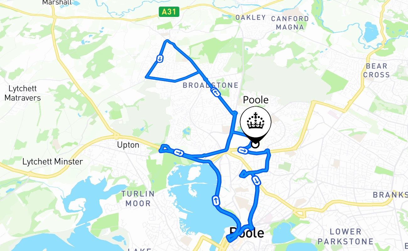 Poole driving test route #1212 map - ENG United Kingdom