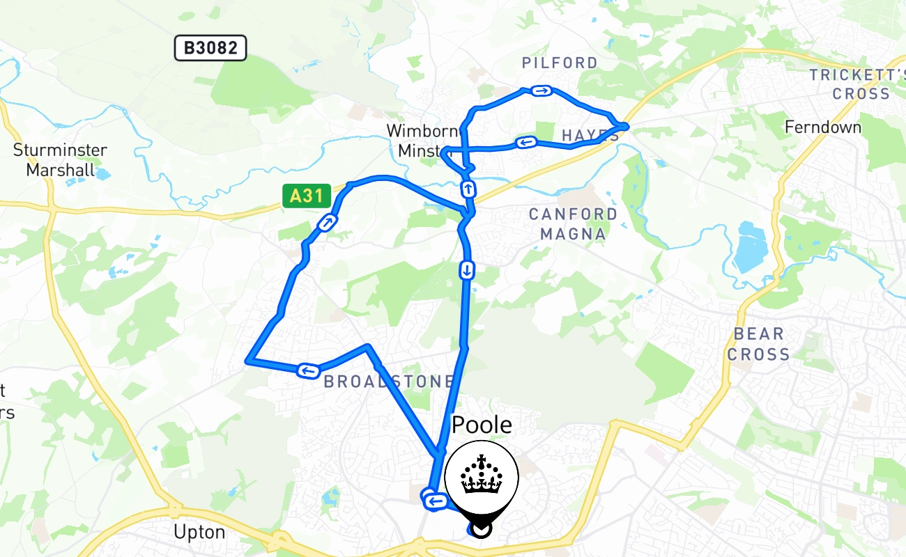 Poole driving test route #1215 map - ENG United Kingdom