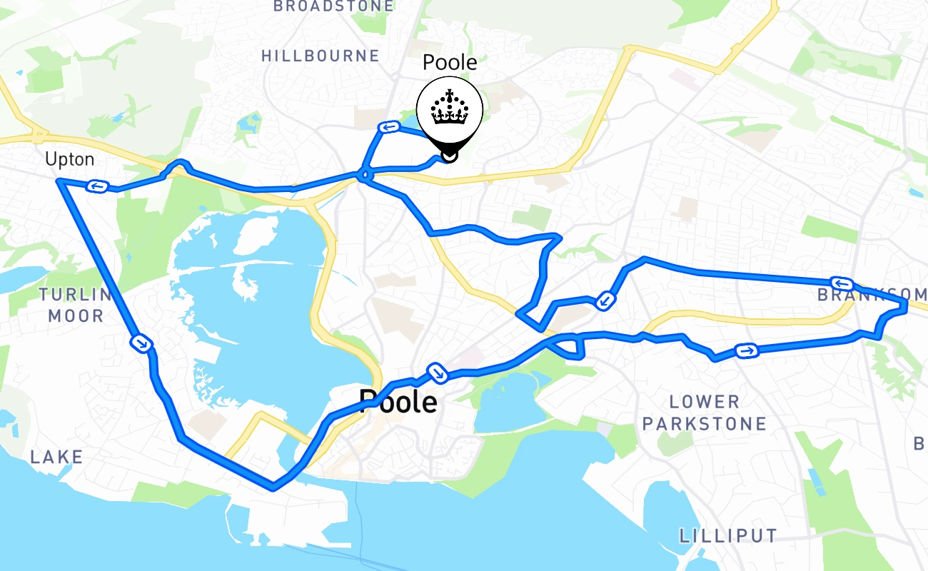 Poole driving test route #1216 map - ENG United Kingdom