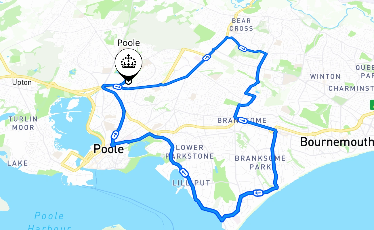 Poole driving test route #1217 map - ENG United Kingdom