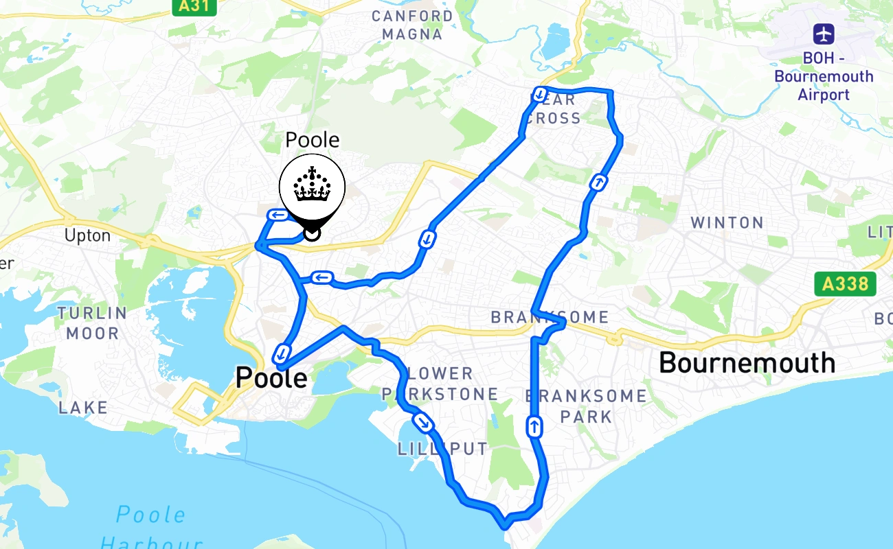 Poole driving test route #1218 map - ENG United Kingdom