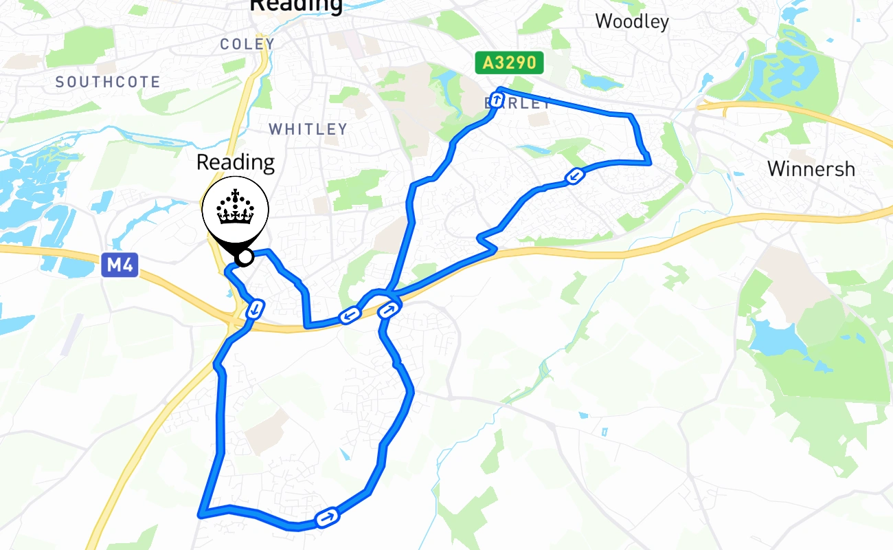 Reading driving test route #2114 map - ENG United Kingdom