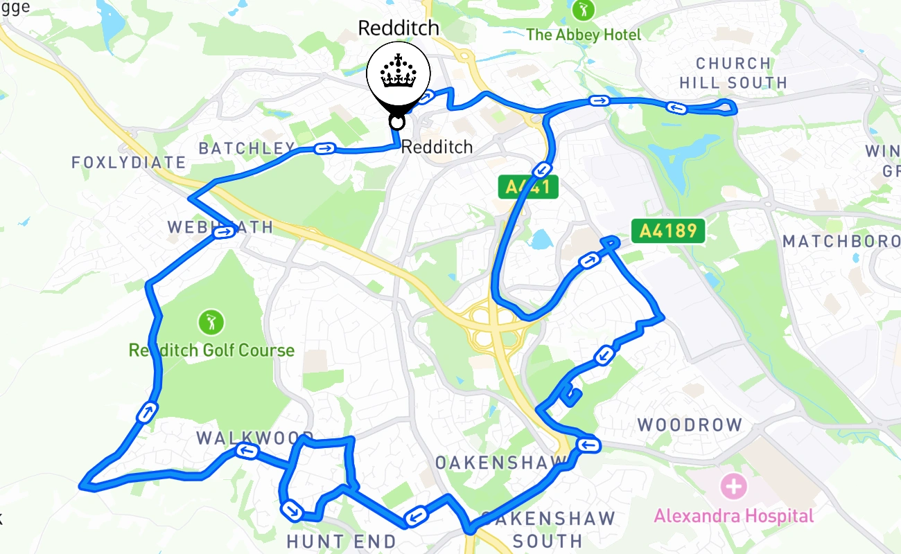 Redditch driving test route #1764 map - ENG United Kingdom