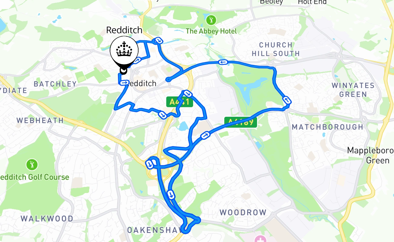 Redditch driving test route #1767 map - ENG United Kingdom