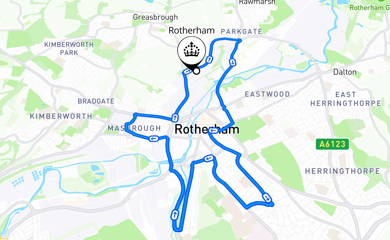 Rotherham driving test route #2545 map - ENG United Kingdom