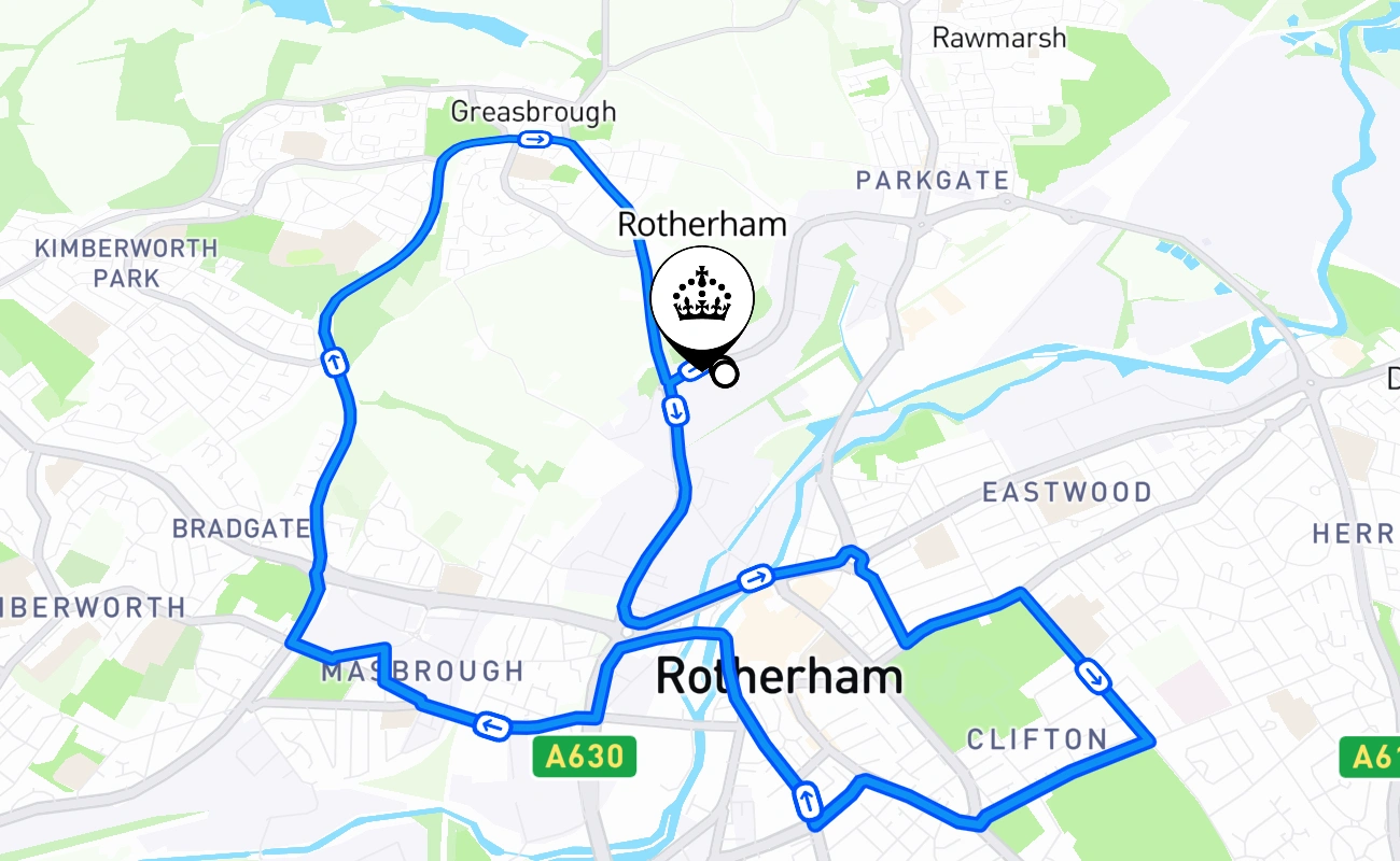 Rotherham driving test route #2745 map - ENG United Kingdom