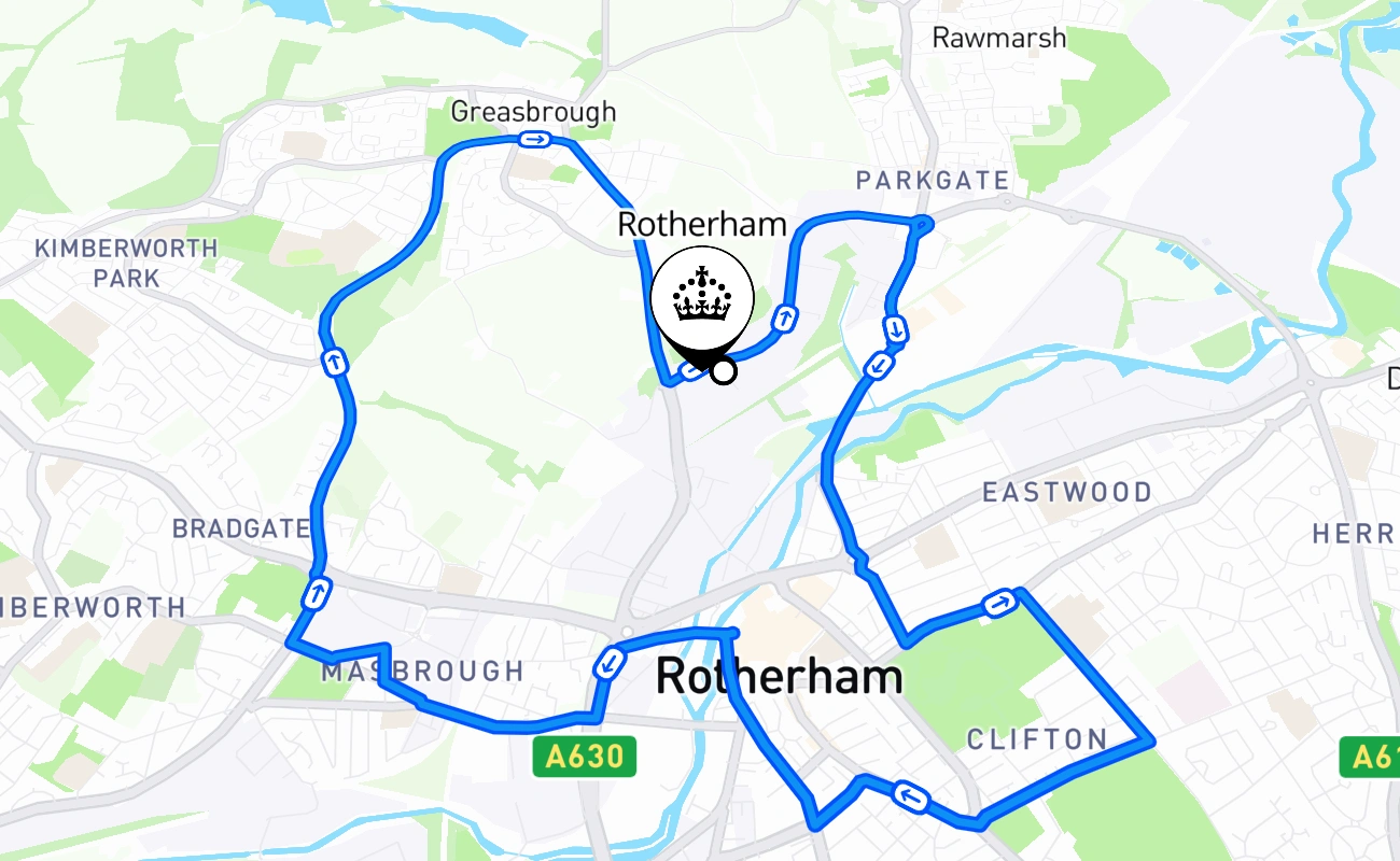 Rotherham driving test route #2746 map - ENG United Kingdom