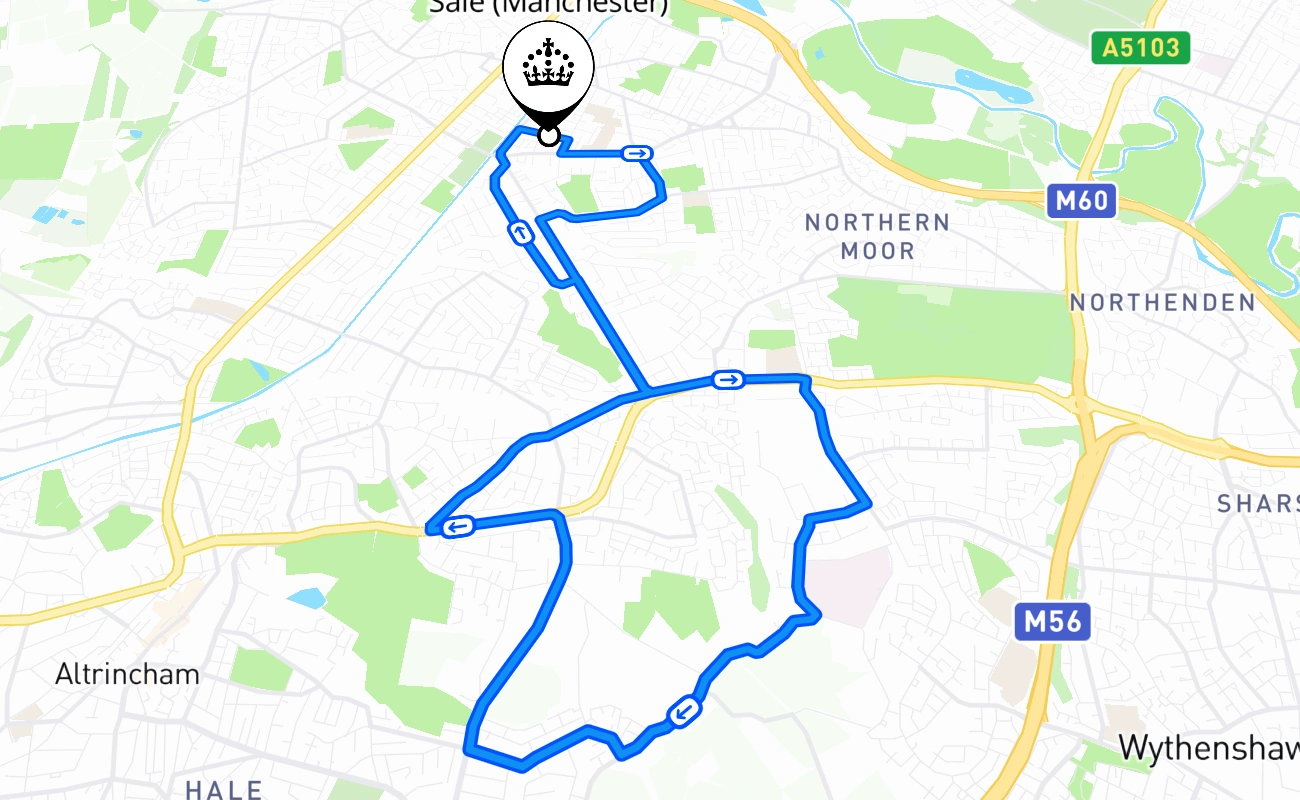 Sale (Manchester) driving test route #530 map - ENG United Kingdom
