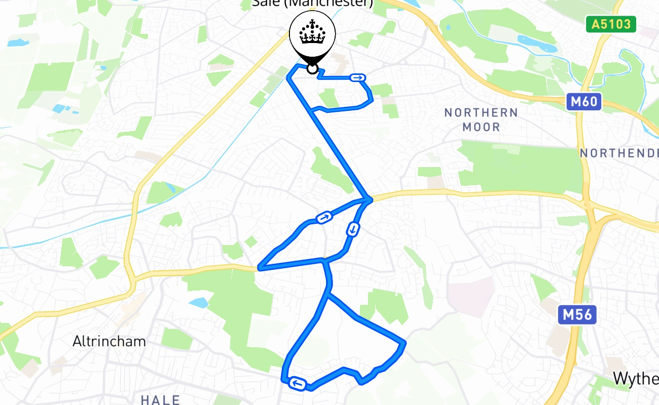 Sale (Manchester) driving test route #532 map - ENG United Kingdom