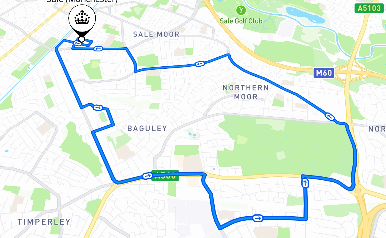 Sale (Manchester) driving test route #533 map - ENG United Kingdom