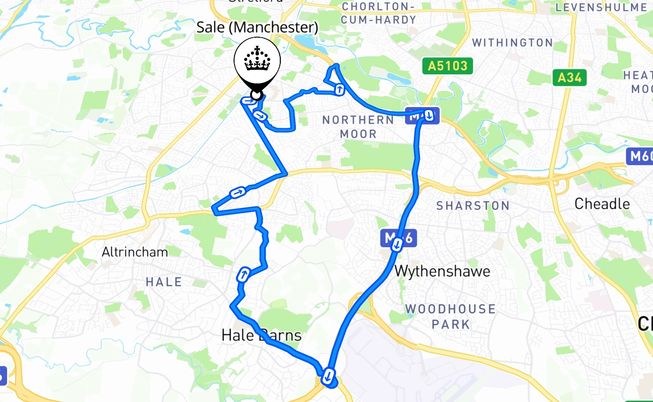 Sale (Manchester) driving test route #534 map - ENG United Kingdom