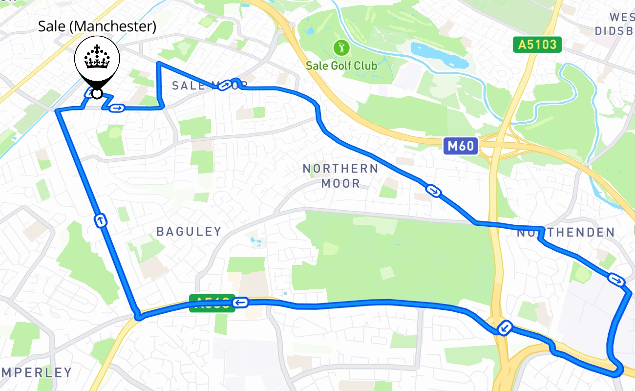 Sale (Manchester) driving test route #535 map - ENG United Kingdom