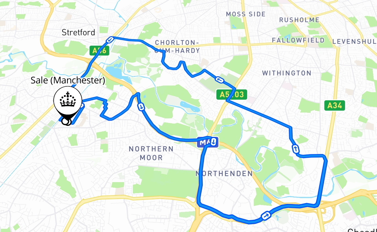 Sale (Manchester) driving test route #538 map - ENG United Kingdom