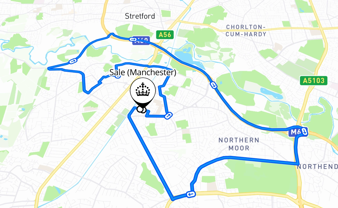 Sale (Manchester) driving test route #539 map - ENG United Kingdom