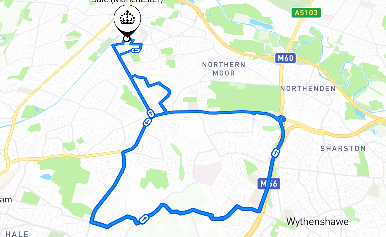 Sale (Manchester) driving test route #540 map - ENG United Kingdom