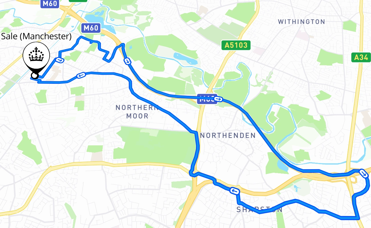 Sale (Manchester) driving test route #541 map - ENG United Kingdom