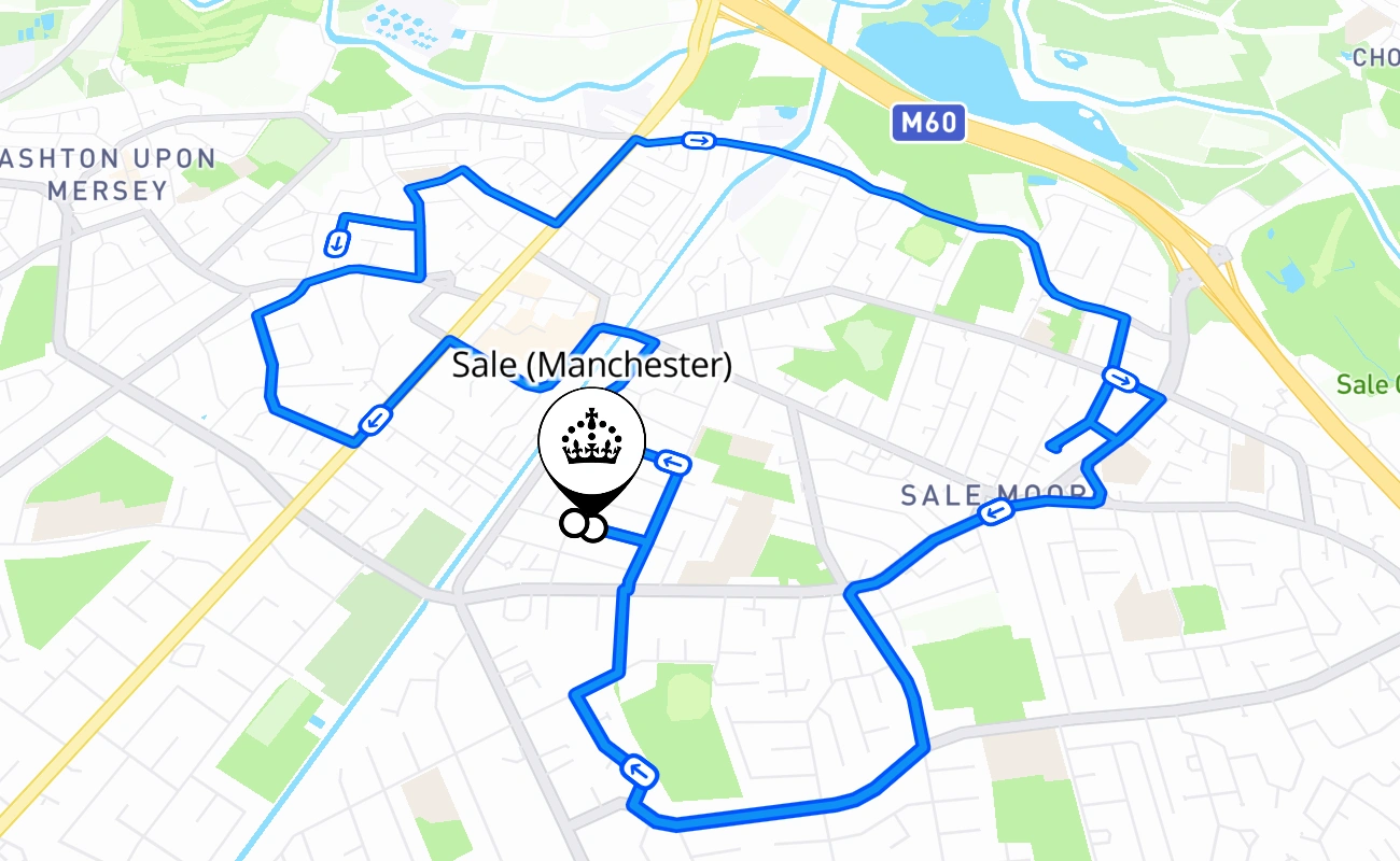 Sale (Manchester) driving test route #542 map - ENG United Kingdom