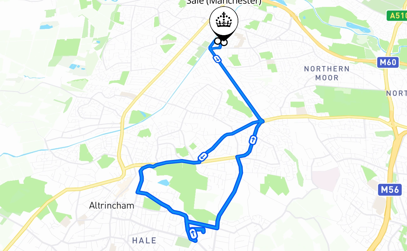 Sale (Manchester) driving test route #545 map - ENG United Kingdom
