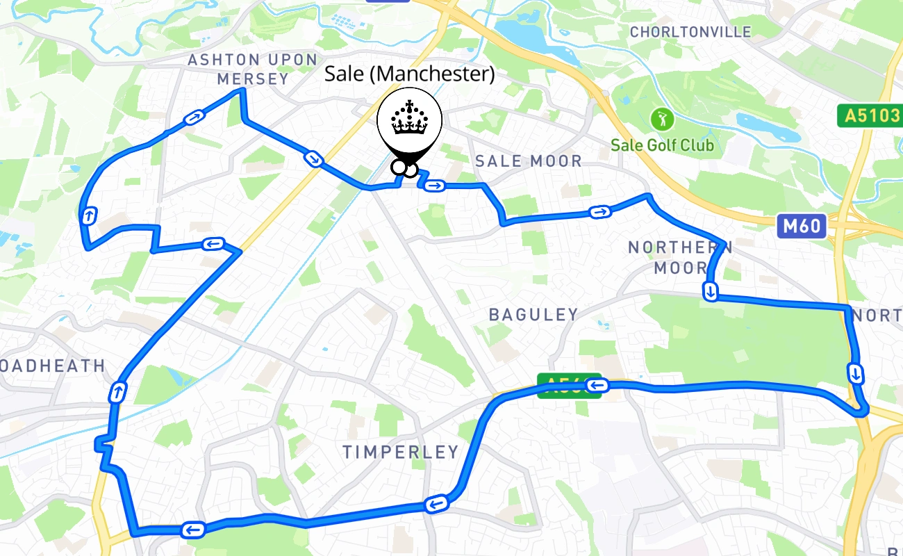 Sale (Manchester) driving test route #546 map - ENG United Kingdom