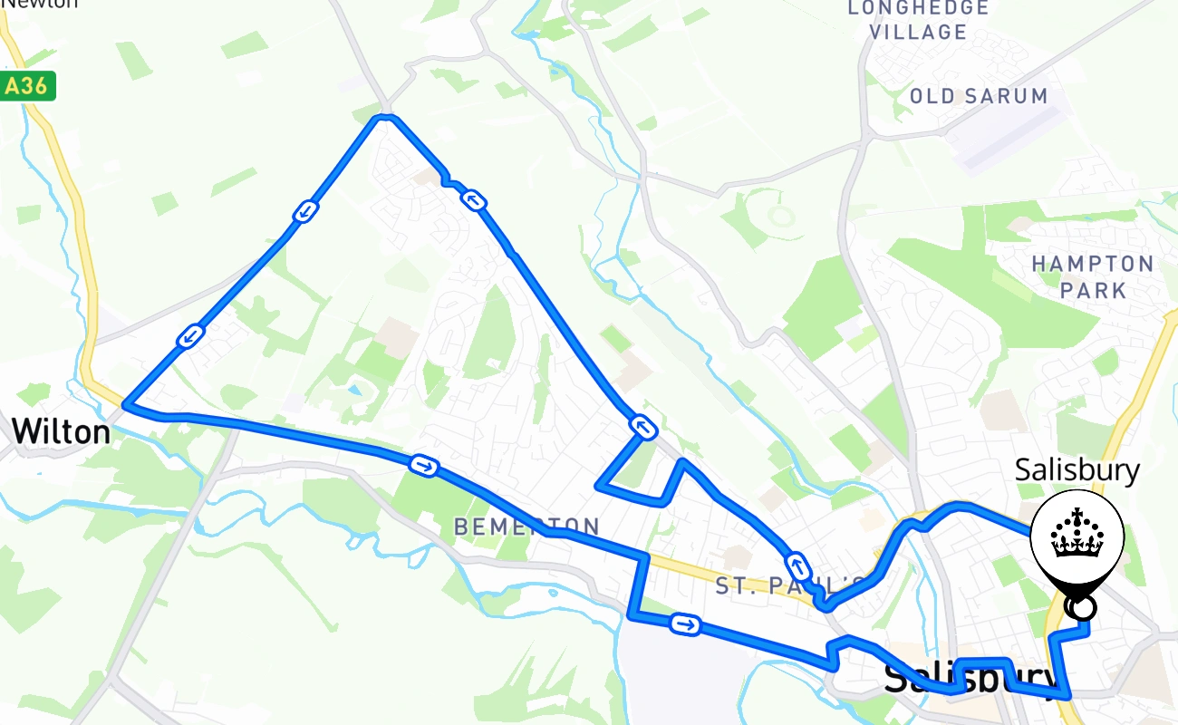 Salisbury driving test route #728 map - ENG United Kingdom