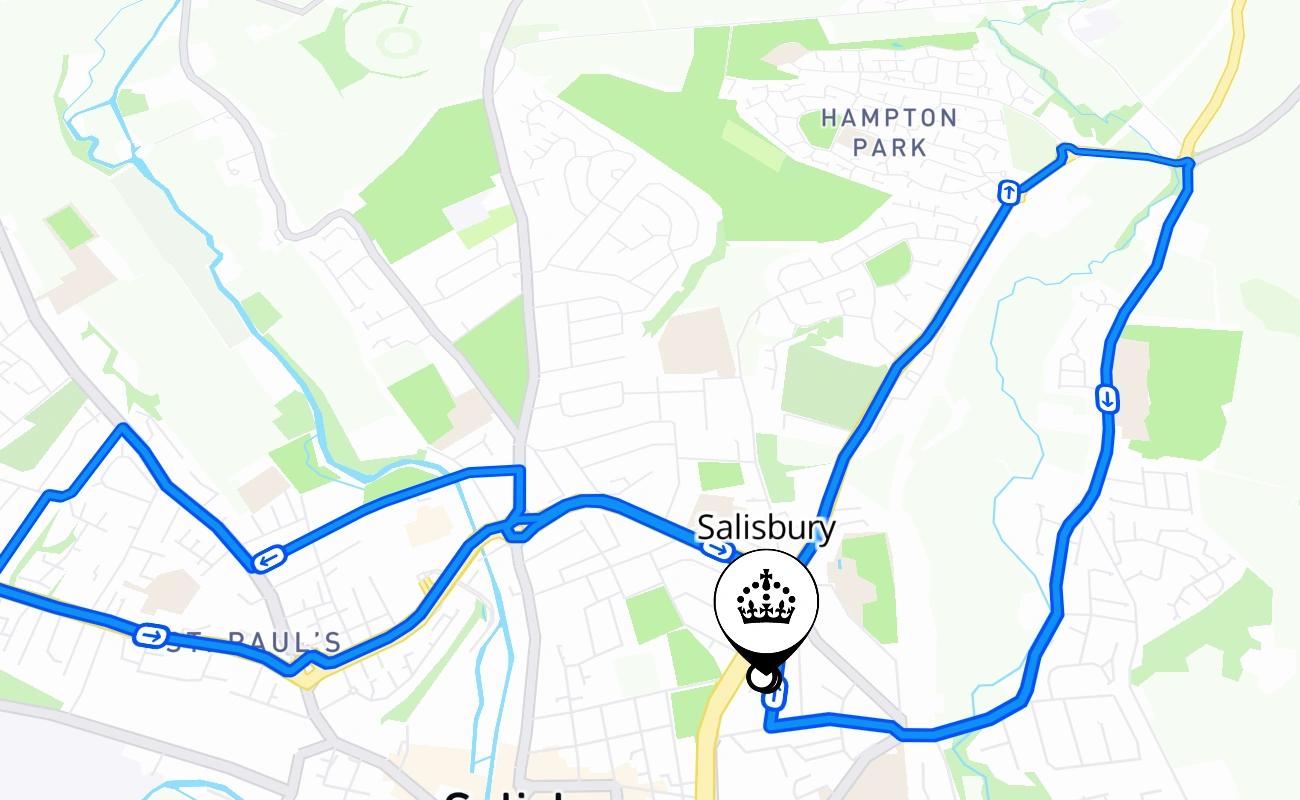 Salisbury driving test route #731 map - ENG United Kingdom