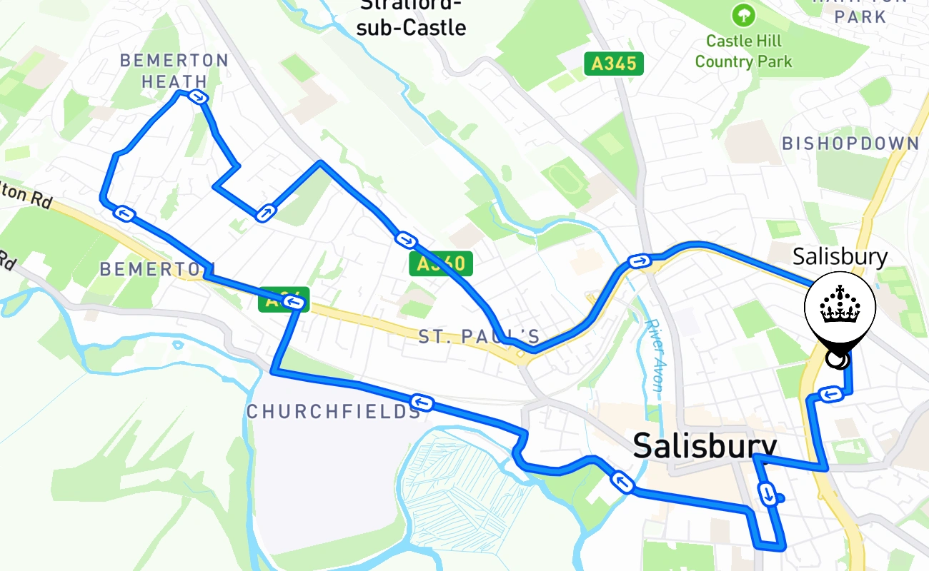 Salisbury driving test route #732 map - ENG United Kingdom