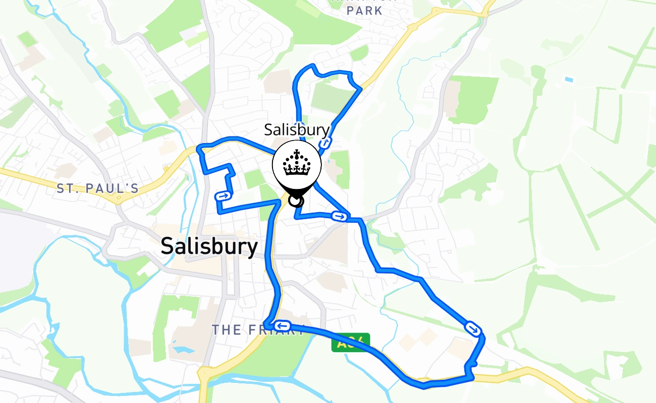 Salisbury driving test route #733 map - ENG United Kingdom
