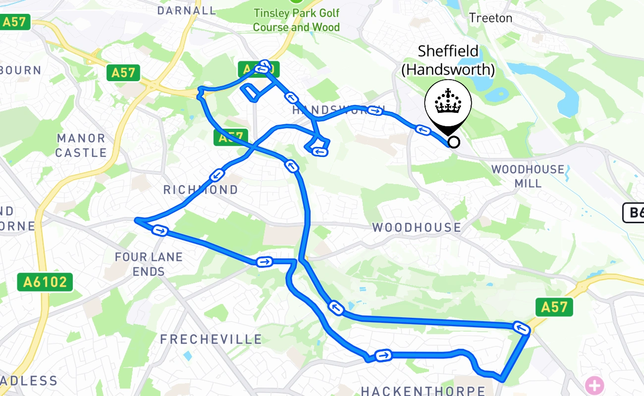 Sheffield (Handsworth) driving test route #610 map - ENG United Kingdom