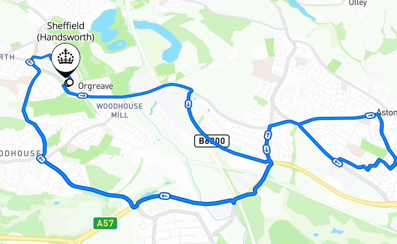 Sheffield (Handsworth) driving test route #611 map - ENG United Kingdom