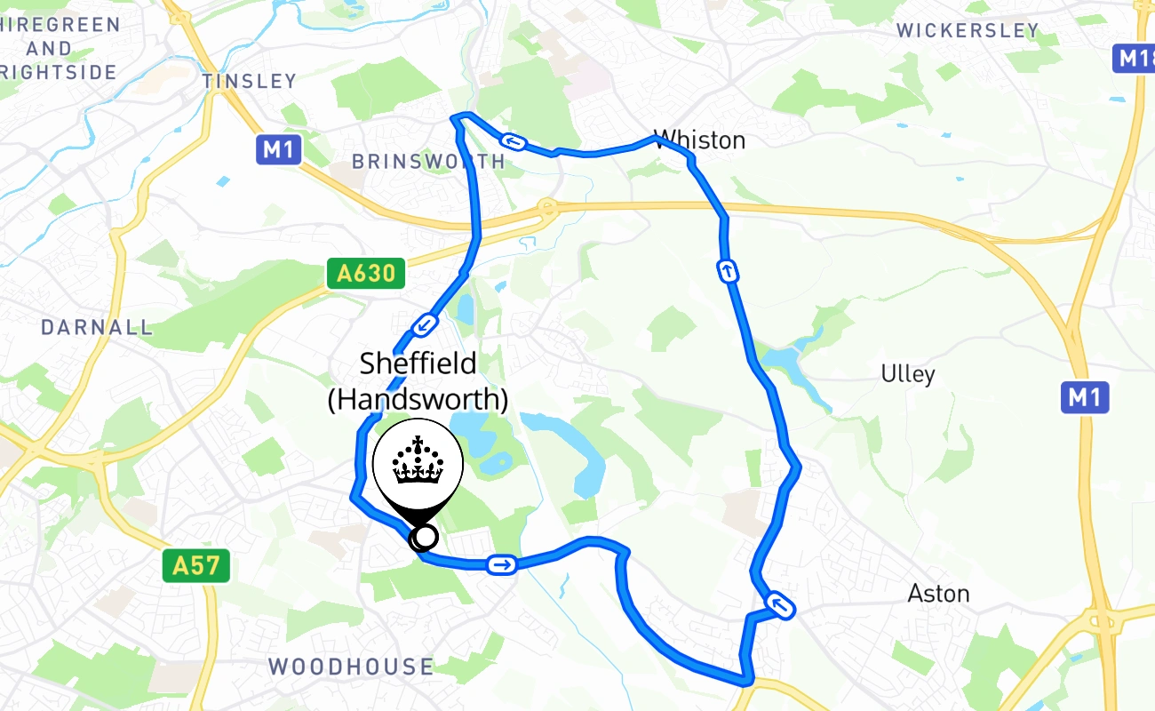 Sheffield (Handsworth) driving test route #612 map - ENG United Kingdom