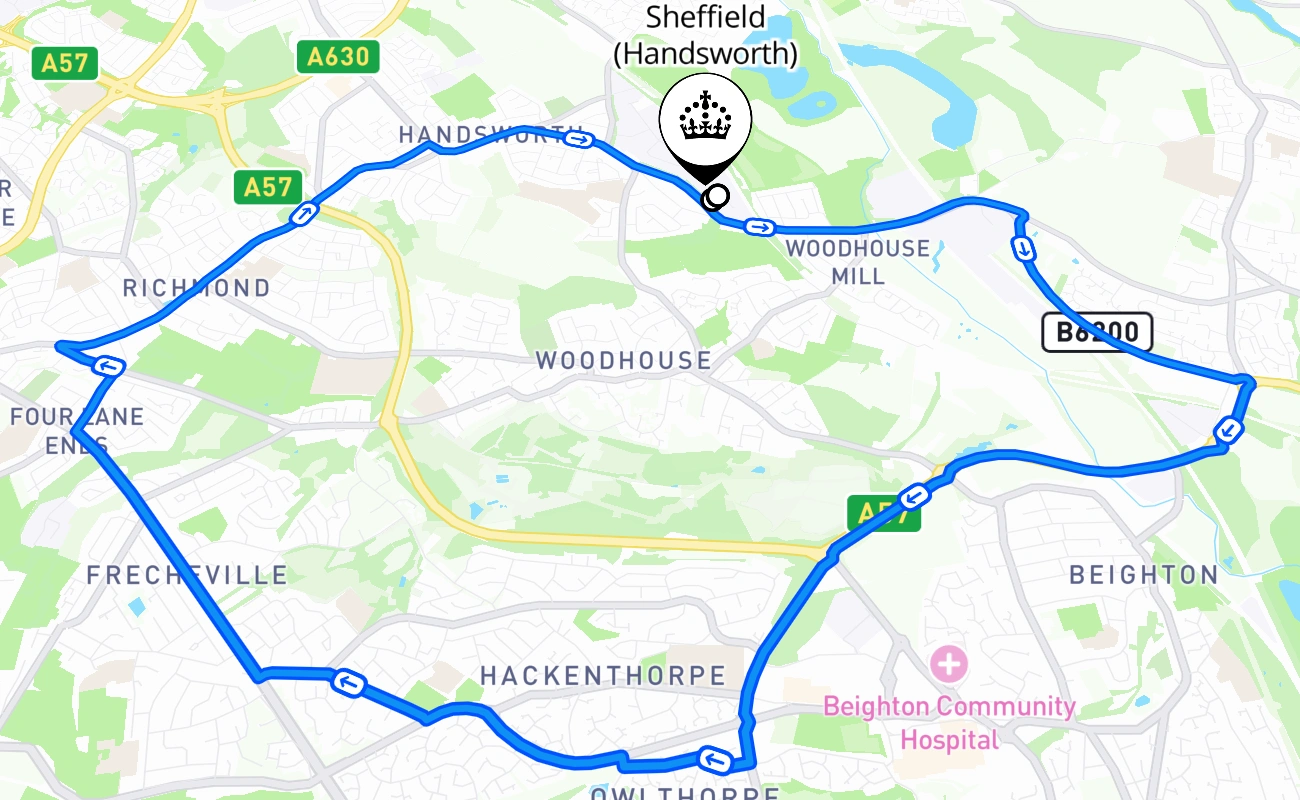 Sheffield (Handsworth) driving test route #613 map - ENG United Kingdom