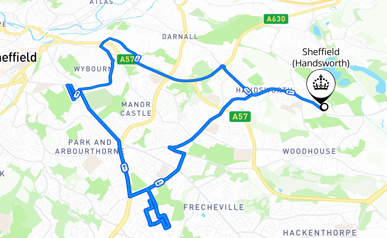 Sheffield (Handsworth) driving test route #614 map - ENG United Kingdom