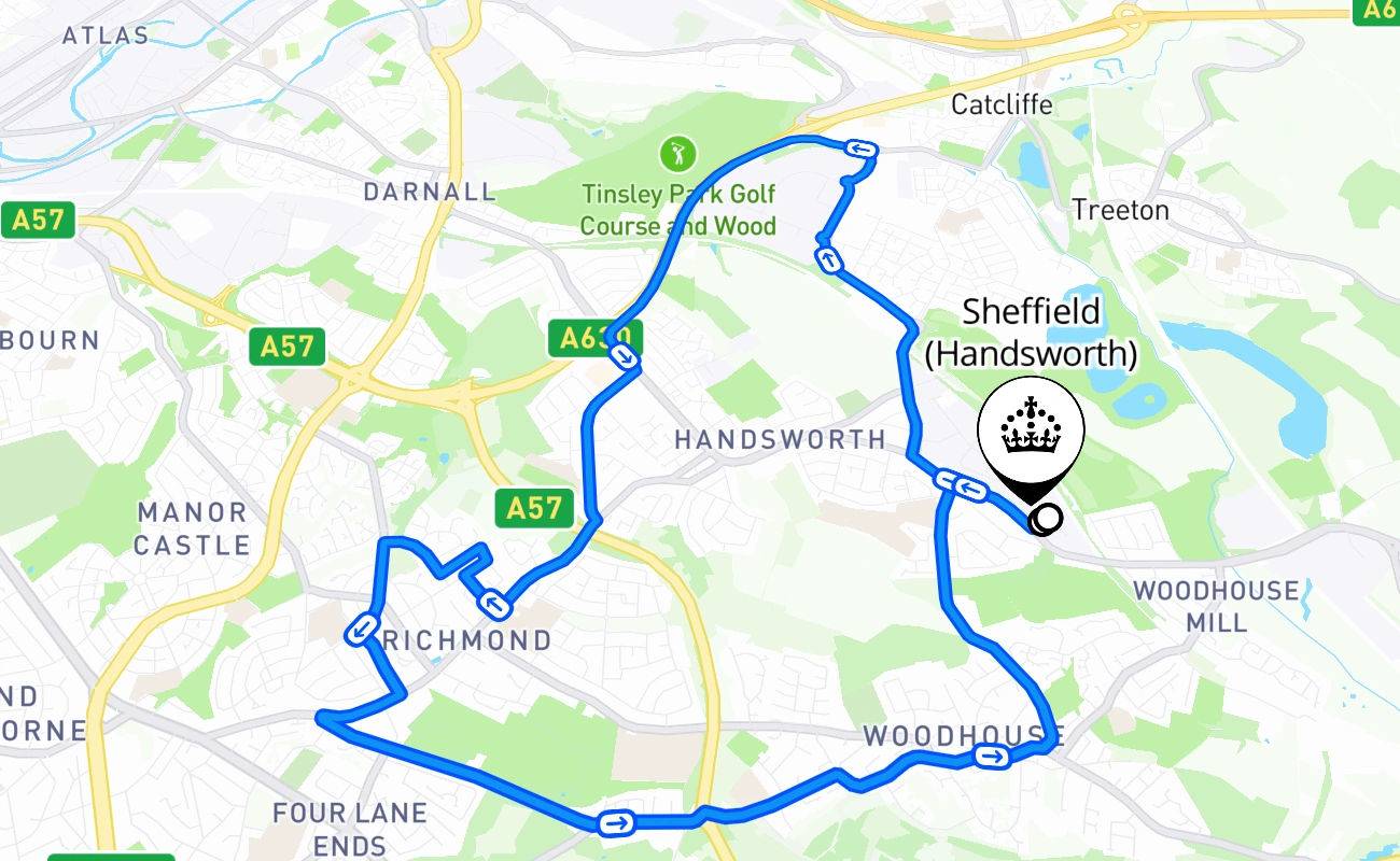 Sheffield (Handsworth) driving test route #615 map - ENG United Kingdom