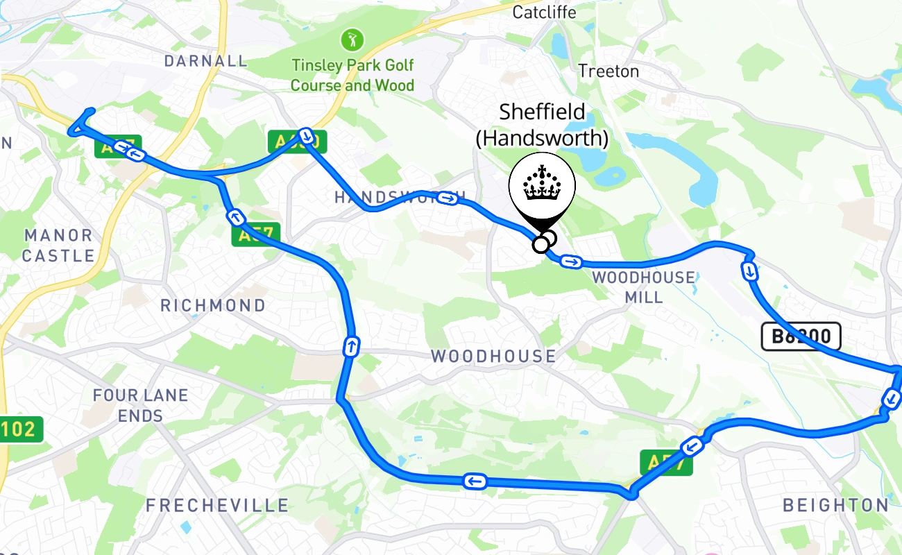 Sheffield (Handsworth) driving test route #616 map - ENG United Kingdom