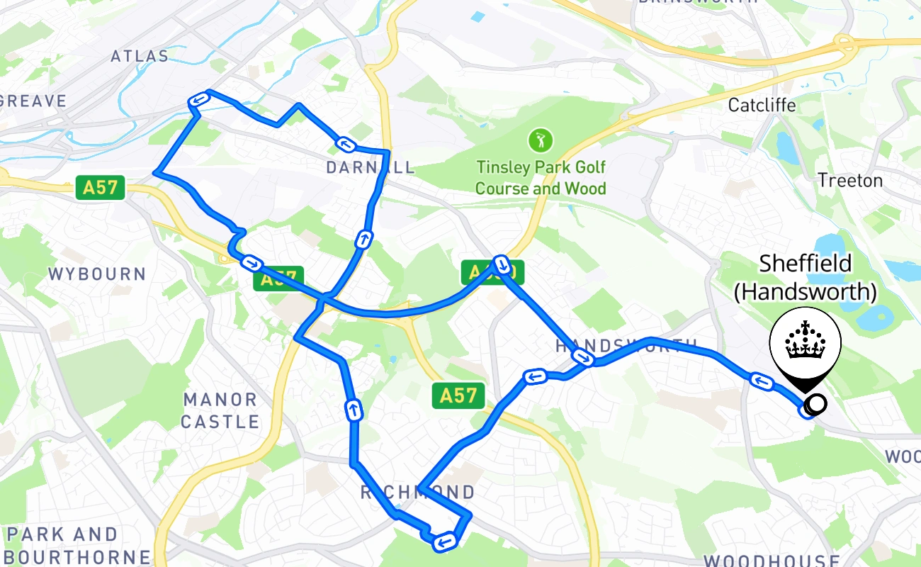 Sheffield (Handsworth) driving test route #617 map - ENG United Kingdom