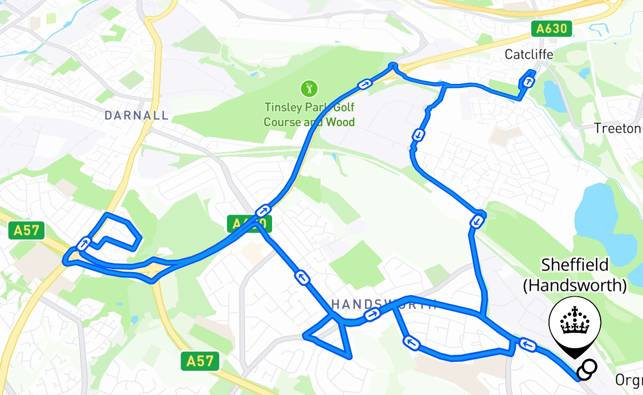 Sheffield (Handsworth) driving test route #618 map - ENG United Kingdom