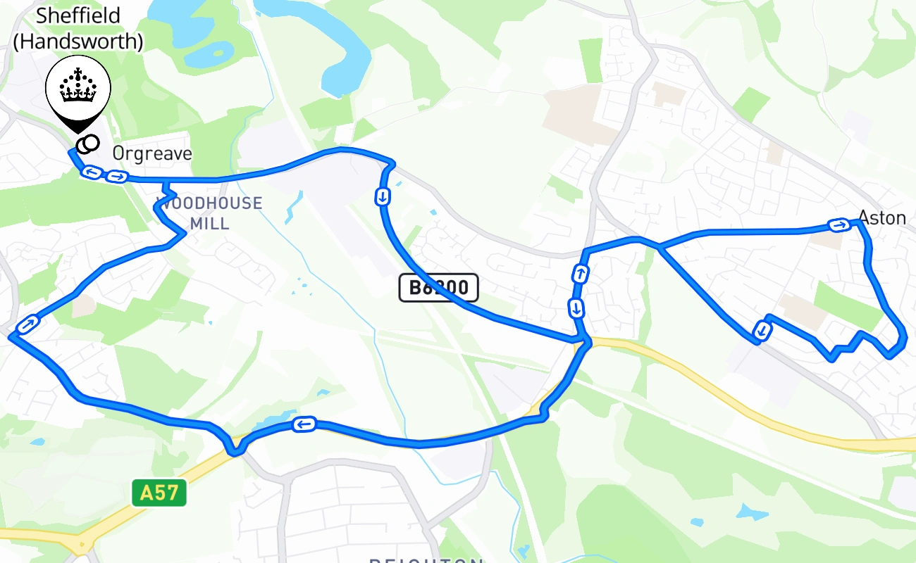 Sheffield (Handsworth) driving test route #620 map - ENG United Kingdom
