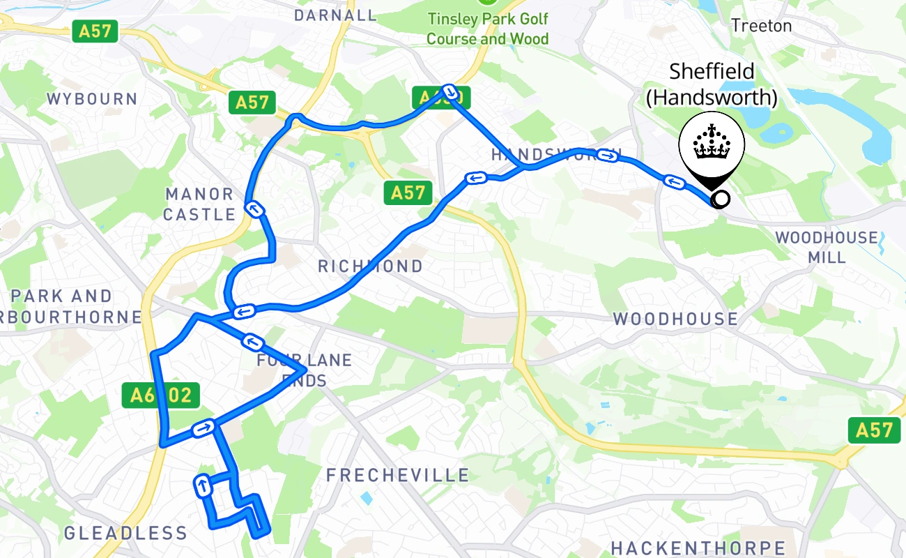 Sheffield (Handsworth) driving test route #622 map - ENG United Kingdom
