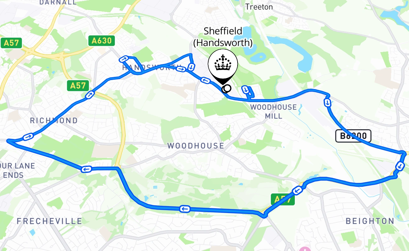 Sheffield (Handsworth) driving test route #623 map - ENG United Kingdom