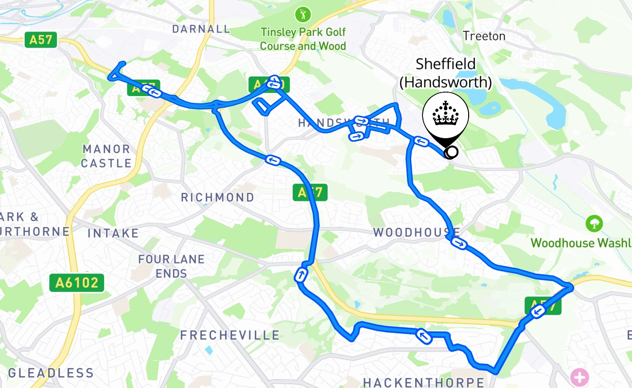 Sheffield (Handsworth) driving test route #2602 map - ENG United Kingdom