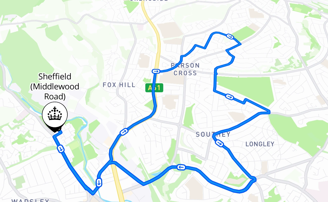 Sheffield (Middlewood Road) driving test route #2541 map - ENG United Kingdom
