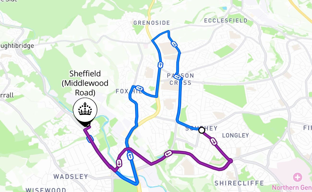 Sheffield (Middlewood Road) driving test route #2542 map - ENG United Kingdom