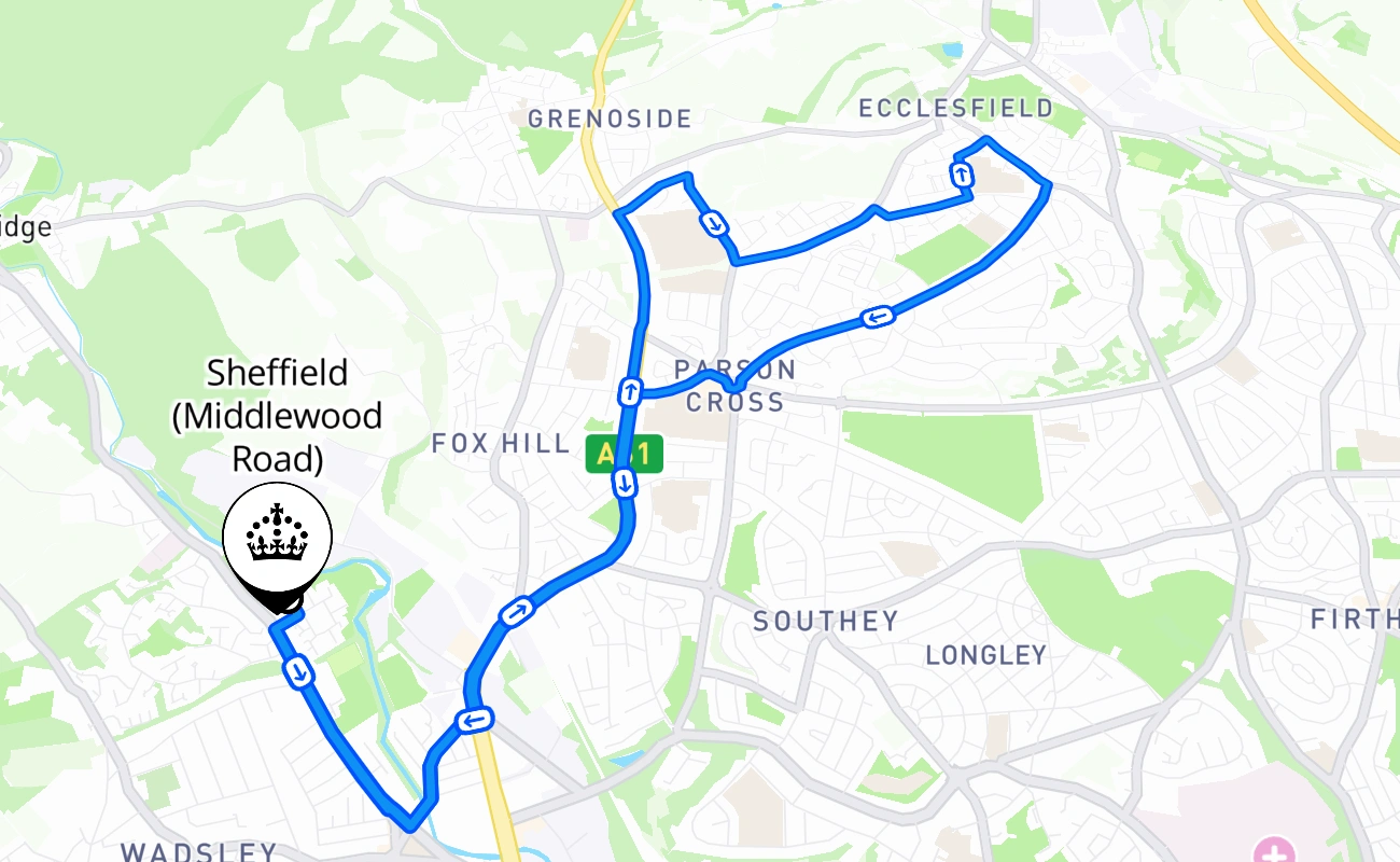 Sheffield (Middlewood Road) driving test route #2543 map - ENG United Kingdom